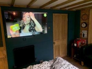una televisione su un muro in una camera da letto di City Centre Stylish Hideaway a Exeter