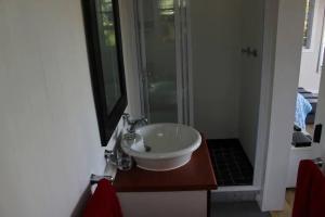 a bathroom with a sink and a shower at Weaver Cottage in Chintsa East on the Wild Coast in Cintsa