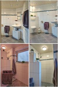 four pictures of a bathroom with a sink and a toilet at Hüs bi Söl - Haus bei Sylt in Uphusum
