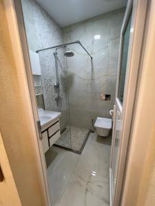 y baño con ducha y aseo. en HOTEL SYLBICA en Kolgecaj