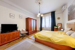 ブダペストにあるBalzac Apartmentのベッドルーム(ベッド1台、薄型テレビ付)