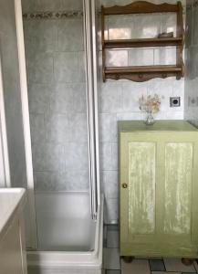baño con ducha y puerta verde en Gästezimmer in der Uckermark in Warnitz am Oberuckersee, en Warnitz