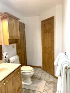 a bathroom with a toilet and a sink at Bridge Inn Tomahawk - Suite 101, Kitchen, 1 Kind Size Bed, 2 Futons, Walkout, River View in Tomahawk +11 photos