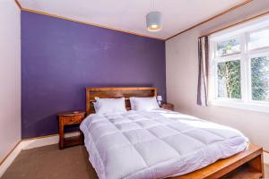 a bedroom with a large bed with a blue wall at Forest House and Cottage Methven in Methven