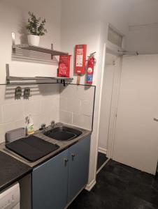 a kitchen with a sink and a counter top at Studio Apartment 5 mins walk to city, FREE WIFI AND PARKING in Cardiff