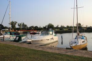 eine Gruppe von Booten liegt in einem Yachthafen vor Anker in der Unterkunft Lagunenstadt am Haff GmbH in Ueckermünde