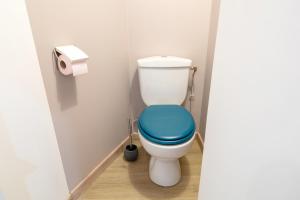 uma casa de banho com WC e assento azul em Duplex de charme em Le Guilvinec