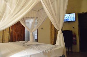 Schlafzimmer mit einem Bett mit Vorhängen und einem TV in der Unterkunft Pan African Lodge & Safari in Marloth Park