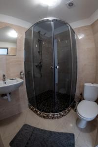 La salle de bains est pourvue d'une douche, de toilettes et d'un lavabo. dans l'établissement Pipash, à Dragobrat