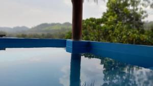 a blue pool with a reflection in the water at Dins Nature Villa in Elgiriya