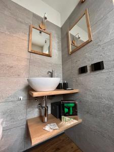 ein Bad mit einem Waschbecken und einem Spiegel in der Unterkunft Stanza in sondrio Coel in Sondrio
