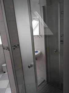 a bathroom with a shower and a sink at Ferienwohnung Backbord in Büsumer Deichhausen