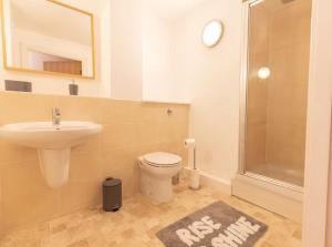 a bathroom with a sink and a toilet and a shower at Cosy, Modern City Centre Apartment Free Parking in Leicester