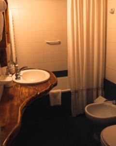 a bathroom with a sink and a toilet and a shower at Casa del Lago Villa La Angostura in Villa La Angostura