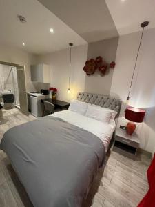 a bedroom with a large bed and a kitchen at Letzi private en-suite Near Wembley in London