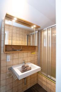 a bathroom with a sink and a shower at Ferienwohnung Alpenhorst in Oberstdorf