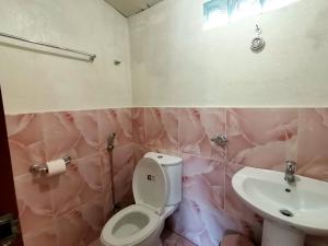 a pink bathroom with a toilet and a sink at Villa Milanel Port Barton in Port Barton