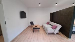 sala de estar con sofá y mesa en Apartamenty Centrum Plac Wolności ApartHotel, en Kielce