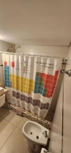uma cortina de chuveiro na casa de banho com WC em Casita de Tucumán - Loft San Martin em San Miguel de Tucumán