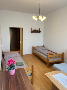 a living room with a table and a bed at Apartmán Esser 3 in Milovice