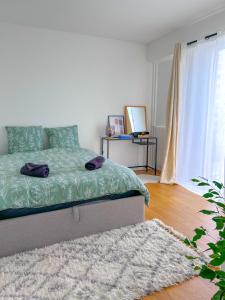1 dormitorio con 1 cama con edredón verde y alfombra en Appartement lumineux rénové (proche JO), en Épinay-sur-Seine