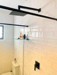 uma casa de banho com WC e uma prateleira na parede em Nautical @ Salt Shore Studios em Hermanus