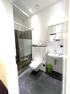La salle de bains est pourvue de toilettes, d'un lavabo et d'une douche. dans l'établissement Stadtpension Heilbronn, à Heilbronn