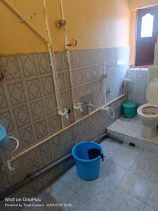 a bathroom with a toilet and a blue bucket at Vicky's Home Stay Hampi in Hampi