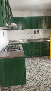a kitchen with green cabinets and a stove top oven at Hotel sol del lago in Guatapé
