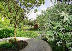 a garden with trees and a gravel path at Le Rustique in Sarlande