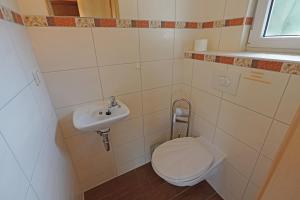 a small bathroom with a toilet and a sink at Fischerhaus Usedom in Kamminke