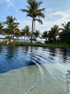 - une piscine bordée de palmiers sur une plage dans l'établissement Villa Caracol in Las Palmas Luxury Villas, à Barra de Potosi