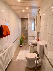 a white bathroom with a toilet and a sink at Ferienwohnung mit schöner Terrasse. in Ellerstadt