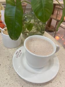 een kop koffie op een bord naast een plant bij Hotel Centro Monteria in Montería