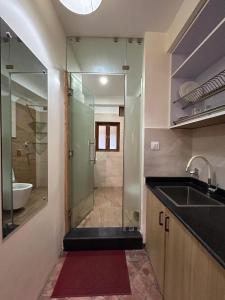 ein Bad mit einem Waschbecken und einer Glasdusche in der Unterkunft Shahi Studio Apartment in Pātan