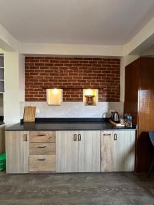 eine Küche mit einer Theke mit Ziegelwand in der Unterkunft Shahi Studio Apartment in Pātan