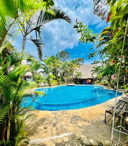 - une piscine dans un complexe avec des palmiers dans l'établissement Casa Hospedaje Sangapilla, à Lamas