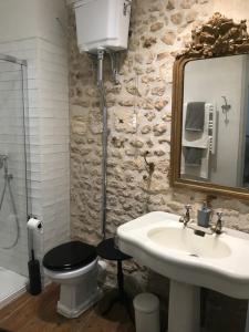 ein Badezimmer mit einem Waschbecken, einem WC und einem Spiegel in der Unterkunft The Apartment in Saint-Jean-dʼAngély