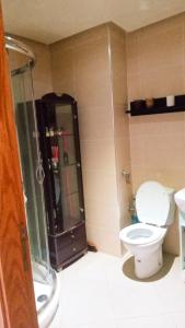 uma casa de banho com um WC e uma cabina de duche em vidro. em Appartement à Asilah Marina Golf vue mer em Asilah