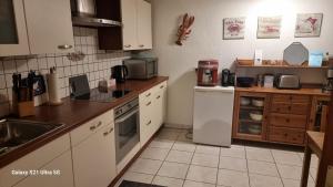 a kitchen with a white refrigerator and a sink at Haus Zeller in Klettgau