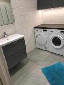 een badkamer met een wastafel en een wasmachine bij Split 2 in Veberöd