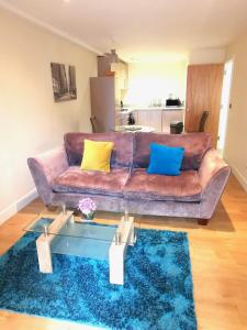 a living room with a brown couch with blue and yellow pillows at Cutlass Court Apartments by Comfort Zone in Birmingham