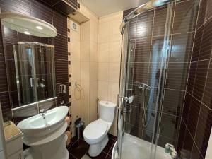 La salle de bains est pourvue de toilettes, d'une douche et d'un lavabo. dans l'établissement Charme apartman, à Kruševac