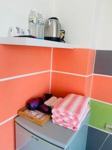 虎尾鎮的住宿－Aliyah阿利亞，厨房里的架子,厨房里配有毛巾,洗碗机上备有毛巾
