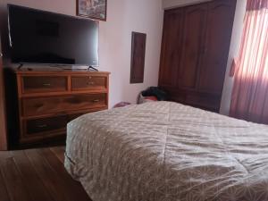 um quarto com uma cama e uma televisão de ecrã plano em Habitaciones en vivienda ubicada en urbanización privada em Cuenca