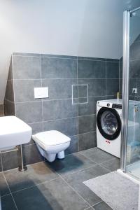 ein Badezimmer mit einem WC und einer Waschmaschine in der Unterkunft Apartman Beranek Sumava in Železná Ruda