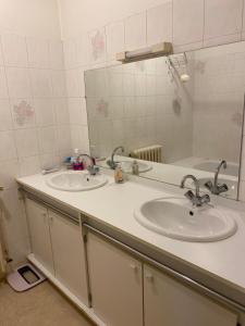 a bathroom with two sinks and a mirror at Chambre Angers gare-centre ville 2 in Angers