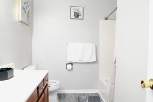 ein weißes Bad mit einem WC und einer Dusche in der Unterkunft MD Cozy Corner in Johnson City