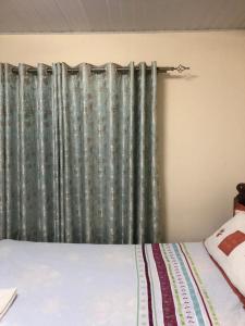 a bedroom with a bed and a curtain at Studio eden in Nairobi