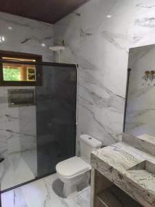 Un baño con inodoro y ducha de cristal. en Chalé da Lua - Parte Alta Parque Nacional de Itatiaia, en Itamonte
